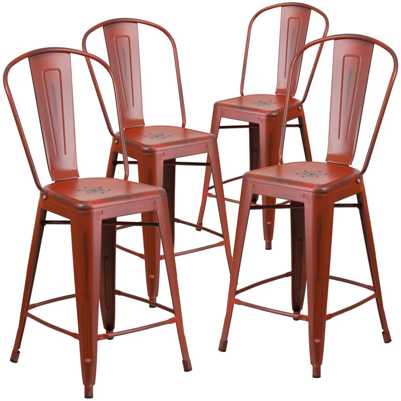 Angelean 24" High Distressed Metal Indoor-Outdoor Counter Height Stool - Back, Kelly Red, Counter Stool (24" Seat Height)