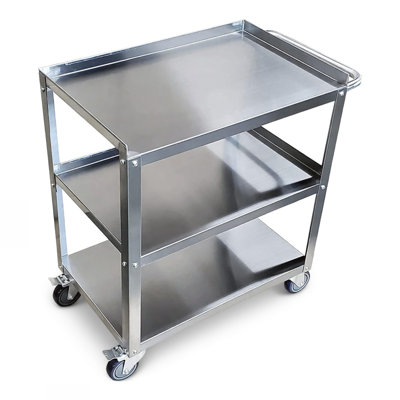 Express KitchQuip 33"H x 24"L x 15"D Stainless Steel 3-Shelf Metal Rolling Utility Cart with Handle For Commercial Use