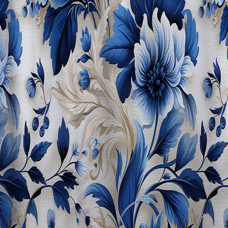 Cobalt Blue Acanthus Leaves Victorian Pattern I - Floral Velvet Curtain - Room darkening - 1 panel, 52" W x 90" L
