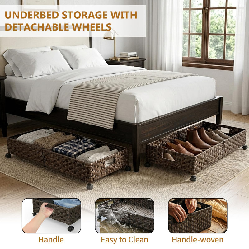 Under Bed Storage with Wheels, Large Under Bed Storage Containers with Handwoven Rattan, Rolling Underbed Organizer Bins Drawers for Clothes, Shoes, Blankets, 2 Pack, (Brown)