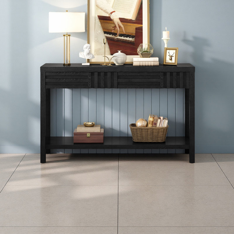 Modern Ash Veneer Console Table, Classic Striped Design, Black