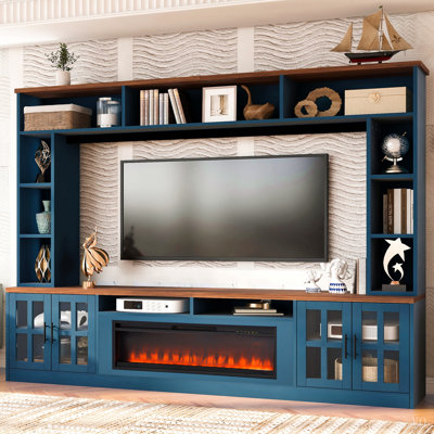 95.5" W Wall Unit Entertainment Center with Bookshelves for TVs up to 80", Modern TV Stand Media Console with electric fireplace Cabinets, and Adjustable Shelves for Living Room