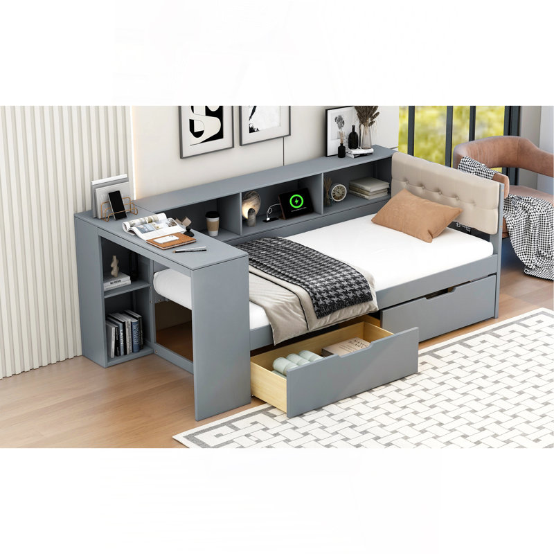 Wood Twin Size Platform Bed With Storage Shelves, Drawers, Charging Station And Upholstered Headboard, Gray, Gray, Twin