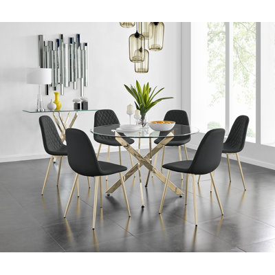 Tierra Chrome Metal and Glass Round Dining Table Set with 6 Faux Leather Upholstered Dining Chairs