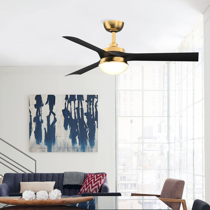 Barlow 52 inch Indoor/Outdoor Ceiling Fan with LED CCT Select Light Kit - Brushed Satin Brass with Black blades, Black