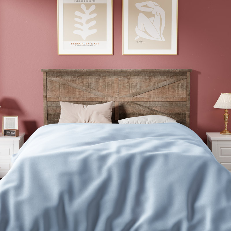 Farmhouse Queen Size Bed, Wood Platform Bed Frame And High Headboard, Light Brown, Light Brown