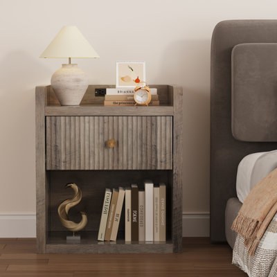 26.4" Tall Fluted Nightstand With Charging Station, Mid-Century Modern End Table With Drawer Storage, Bedside Table With Open Compartment