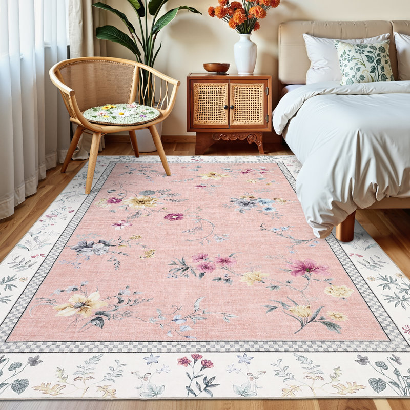 Washable Area Rugs for Living Room Modern Floral Bedroom Rugs for Dining Room OfficeContemporary Home Decor Rug, Pink