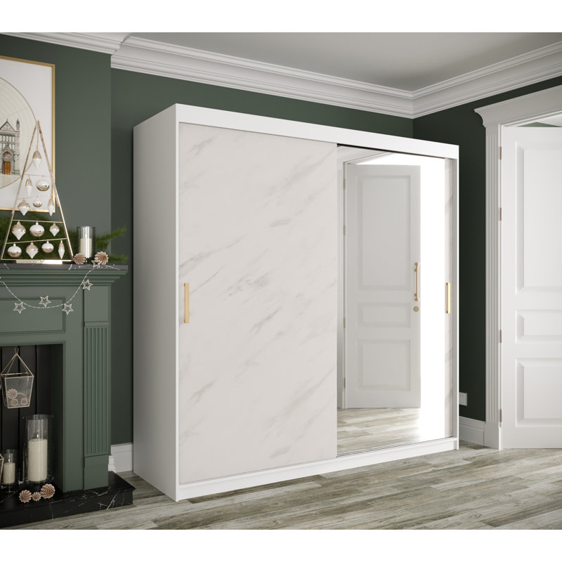 Amandajean Manufactured Wood Wardrobe, White Matt/White Matble, 200cm H x 200cm W x 62cm D