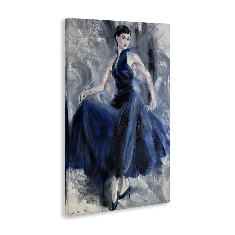 Élégante femme en toile de robe bleue, design par Lucille Lee, H 24 po x l 16 po
