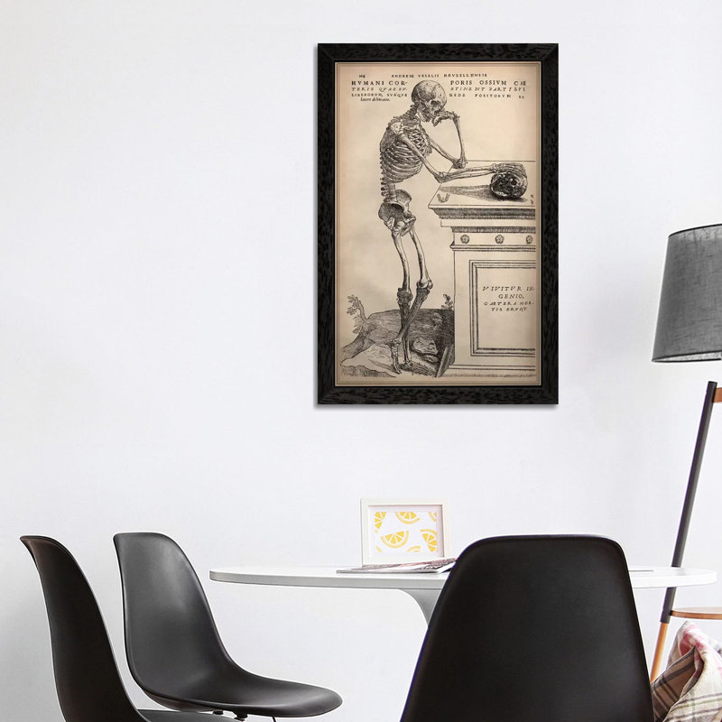 De Humani Corporis Fabrica Skeleton Standing by Vesalius - Print on Canvas, Black Framed, 66.04 cm H x 45.72 cm W