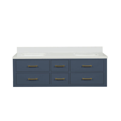 Meuble-lavabo double 60 po bleu X P 22 po D, avec plateau en quartz blanc