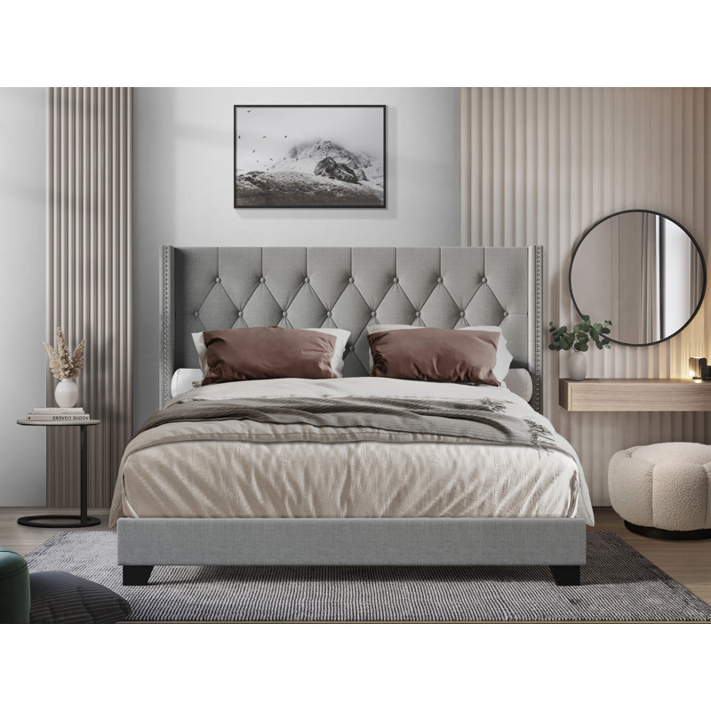 Amberlee Upholstered Wingback Bed, Gray, Queen