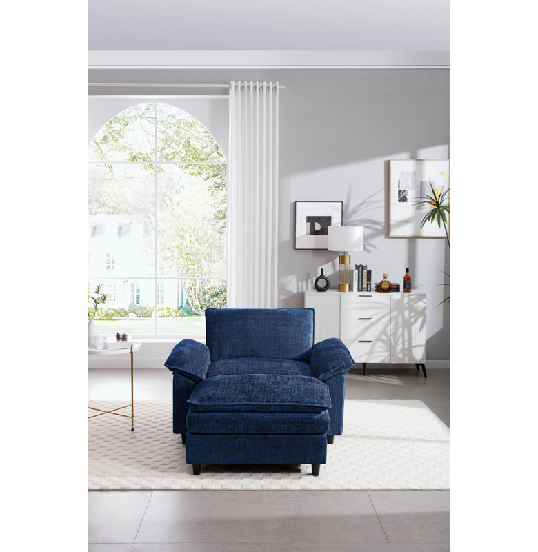 Chenille Upholstered Oversized  Armchair with Ottoman, Blue Chenille