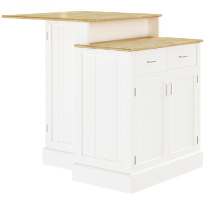 Kitchen Island With Storage Cabinet And 2-Level Rubber Wood Tabletop, Island Table With Adjustable Shelves And Drawers, White