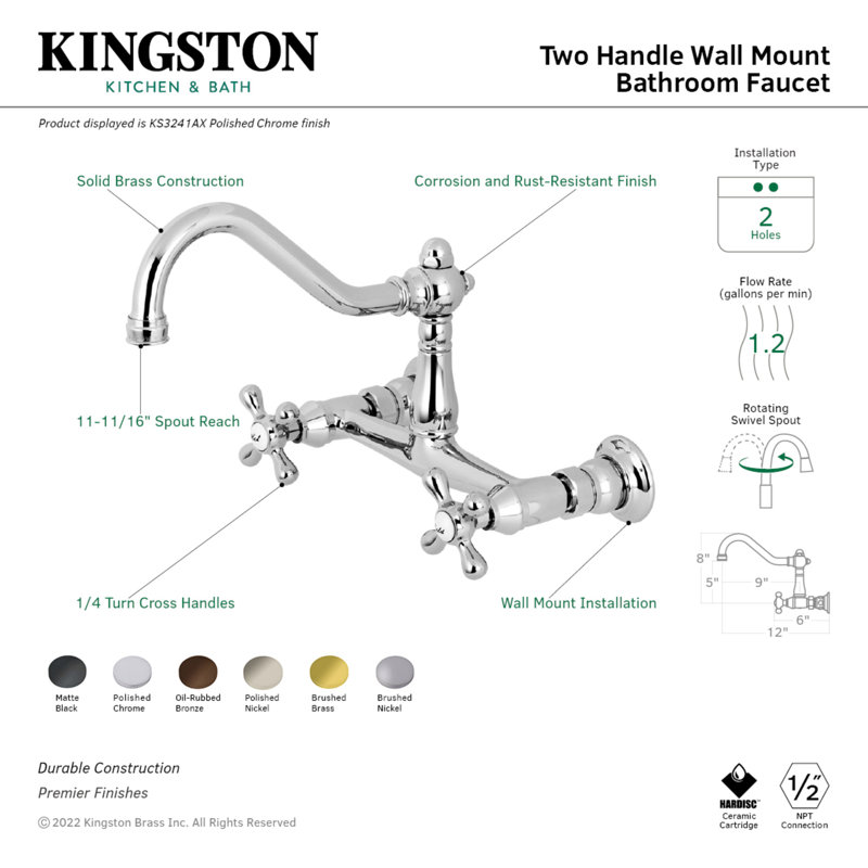 Kingston Brass Vintage Two-Handle 2-Hole Wall Mount Bathroom Faucet, Polished Chrome
