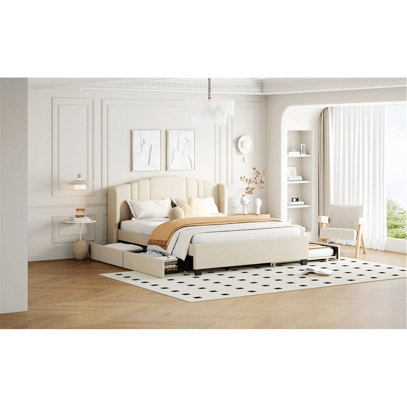 Upholstered Wingback Platform Bed With Trundle And Drawers, Beige