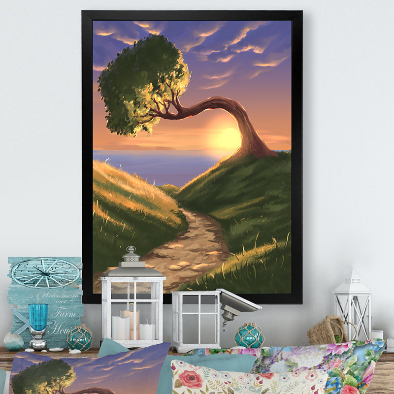 «Video Game Fantasy Tree Sunset Scenery», reproduction d'art sur toile, Cadre photo noir, H 20 po x l 12 po x P 1 po