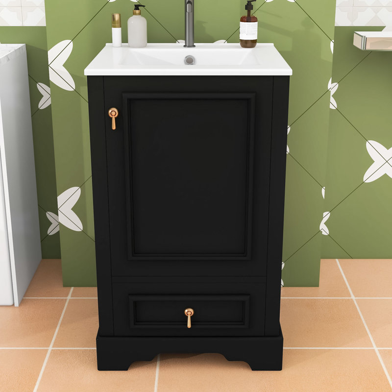 Meuble-lavabo de salle de bain avec lavabo en céramique, tablette réglable en U et tiroir à compartiments, Noir