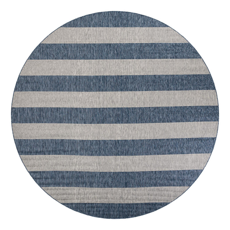 Simoes Striped Blue/Gray Indoor / Outdoor Area Rug, Round 7'10"