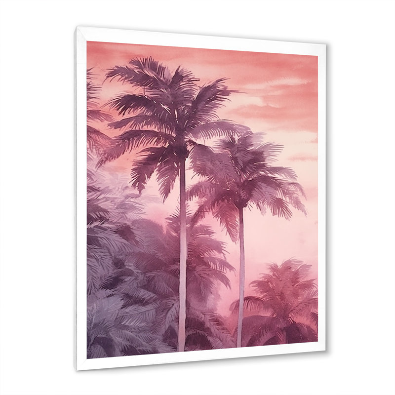 Palmiers roses rétro avec ombres II, Cadre simple blanc, H 32 po x l 16 po x P 1 po