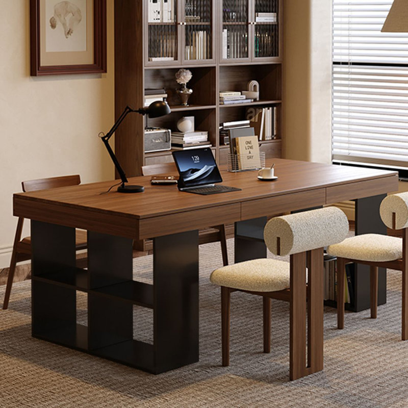 Bureau d'écriture avec tiroirs brun noisette + bois rectangulaire noir + fer, 29.53" H x 70.87" W x 31.5" D