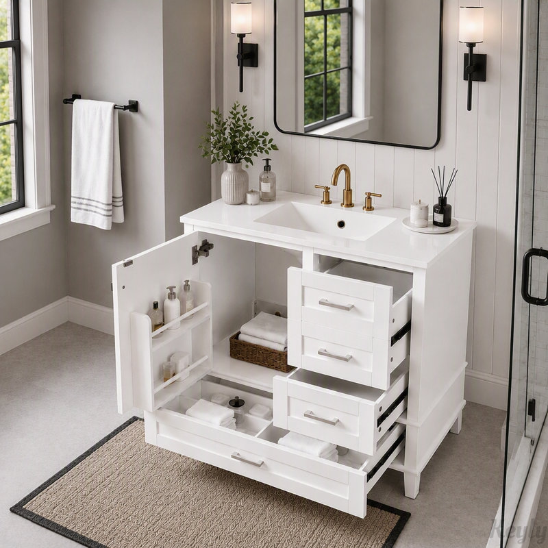 Meuble-lavabo de 91 cm avec lavabo en céramique, Blanc
