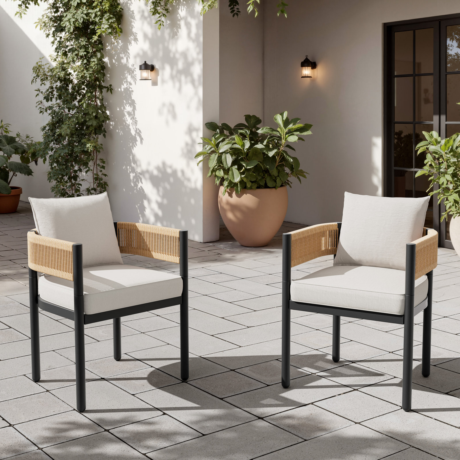 Alessandra Rope Outdoor Dining Chair With Cushions, White/Natural