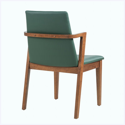 Mid-Century Modern Green PU Upholstered Dining Armchair with Walnut Rubber Wood Frame - Set of 2