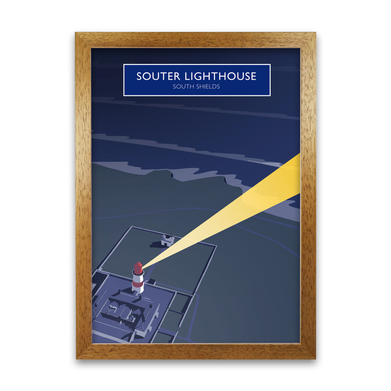 Souter Lighthouse At Night by Richard O'Neill - Print, 42cm H x 29.7cm W x 3cm D, Honey Oak Framed