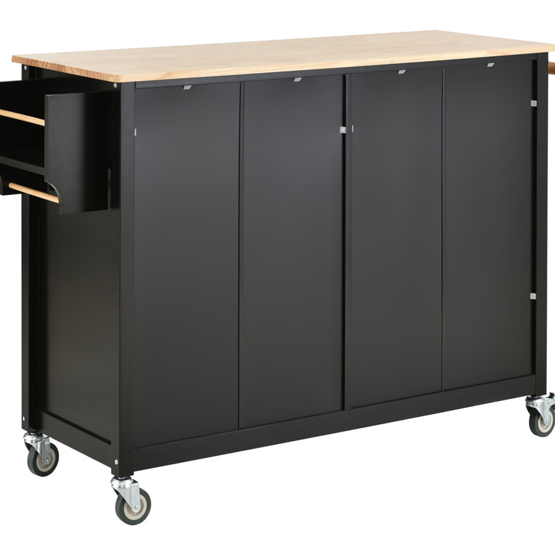 Black Kitchen Island Cart With Strong Solid Wood Top, 4 Door Cabinet, 2 Drawers, Spice Rack & Mobile Locking Caster Platform, Black, Cabinet Adjustable Shelves, Drawers