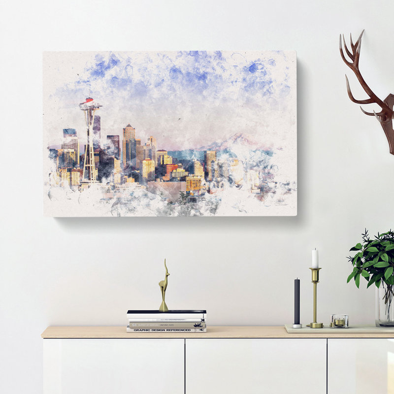 Seattle Skyline Watercolour - Wrapped Canvas, 40cm H x 60cm W x 4cm D