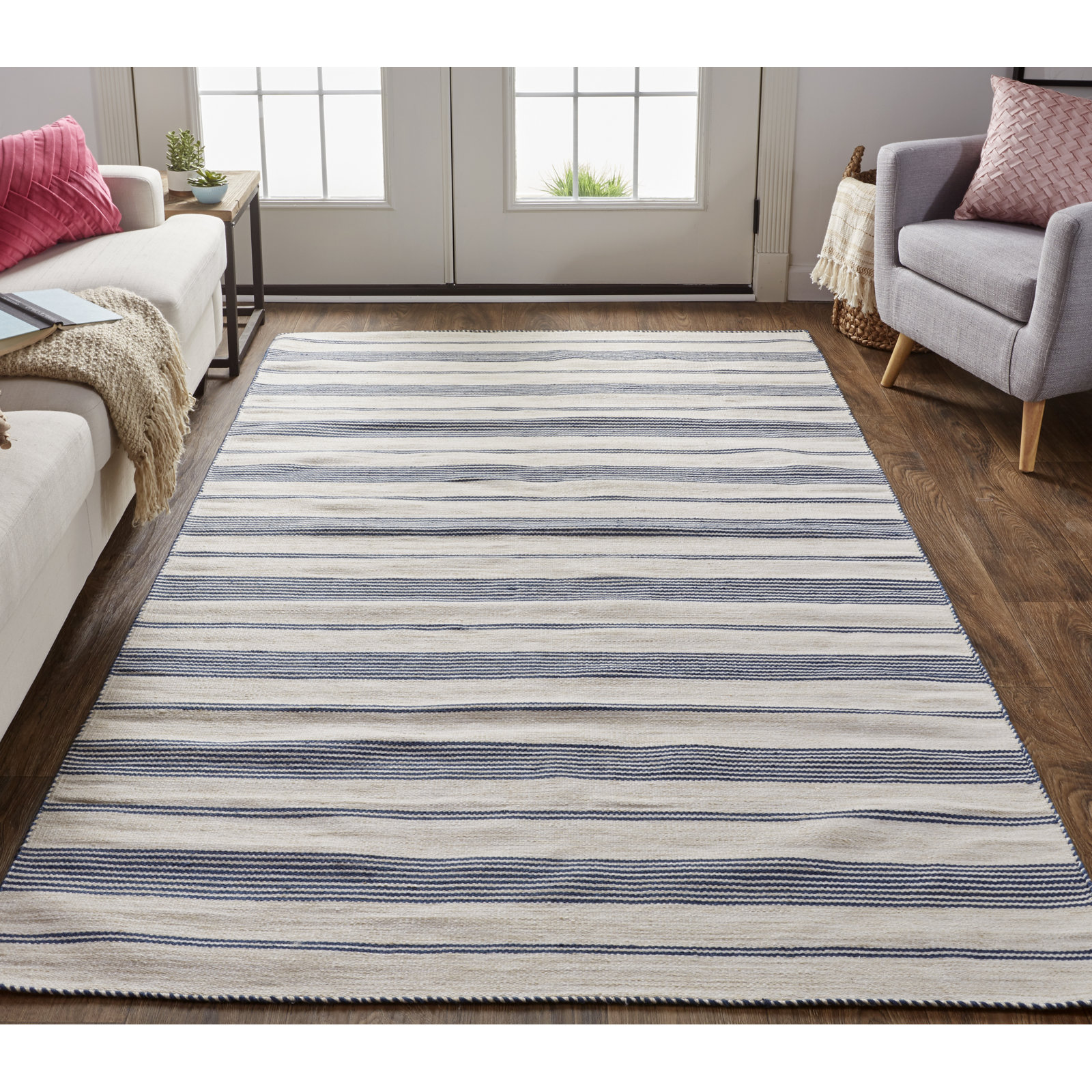 Perci Striped Handmade Navy Area Rug, Rectangle 10' x 14'