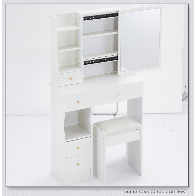 Compact Vanity Table With Large Sliding Mirror, Multi-Layer Storage, And Padded Stool For Small Spaces