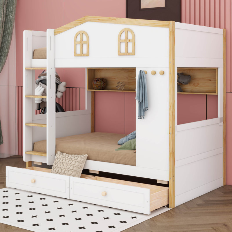 Lit superposé avec garde-corps en forme de maison et tablettes de rangement intégrées, cadre de lit superposé en bois massif avec tiroirs et crochets