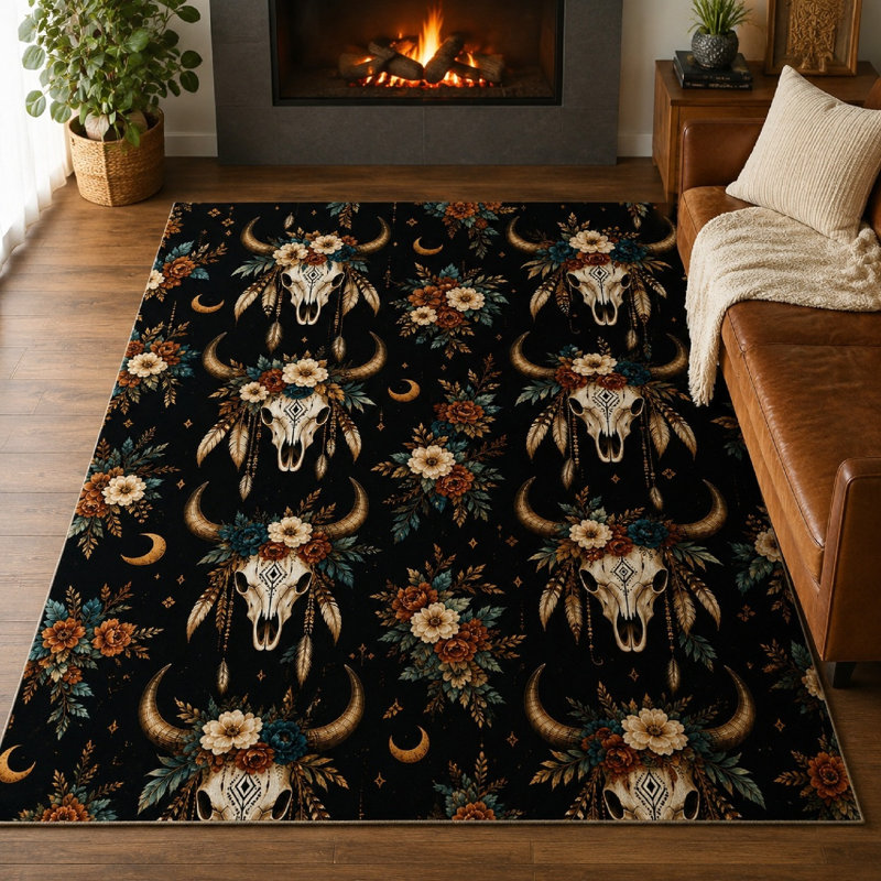 Tapis floral à motif de crâne de taureau 1Pcs, W55 * L78,7 po * 1 pièce