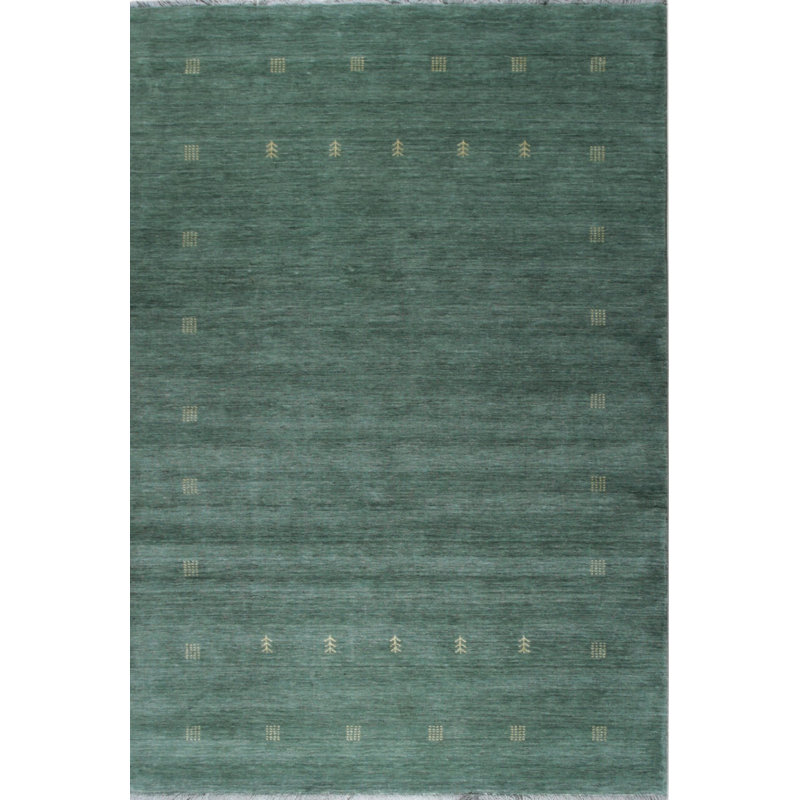 Tapis vert moderne à motif géométrique vert en laine nouée à la main, Rectangle 6 pi x 9 pi