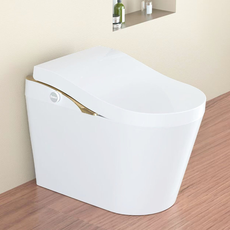 White Modern Smart Toilet With Bidet, Auto Flush, Open/Close, Heated Seat, Warm Water And Air Dry, Foam , , Foot Sensor/Remote, Comfort Height, Siphonic Jet, Adjustable Angle Bidet Sensor, - Saving