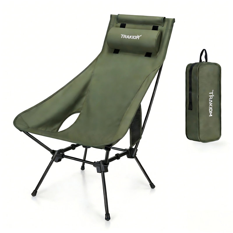 Portable Compact Camping Chair, Lightweight Folding Chair with Adjustable Head Support & Widened Seat, Green