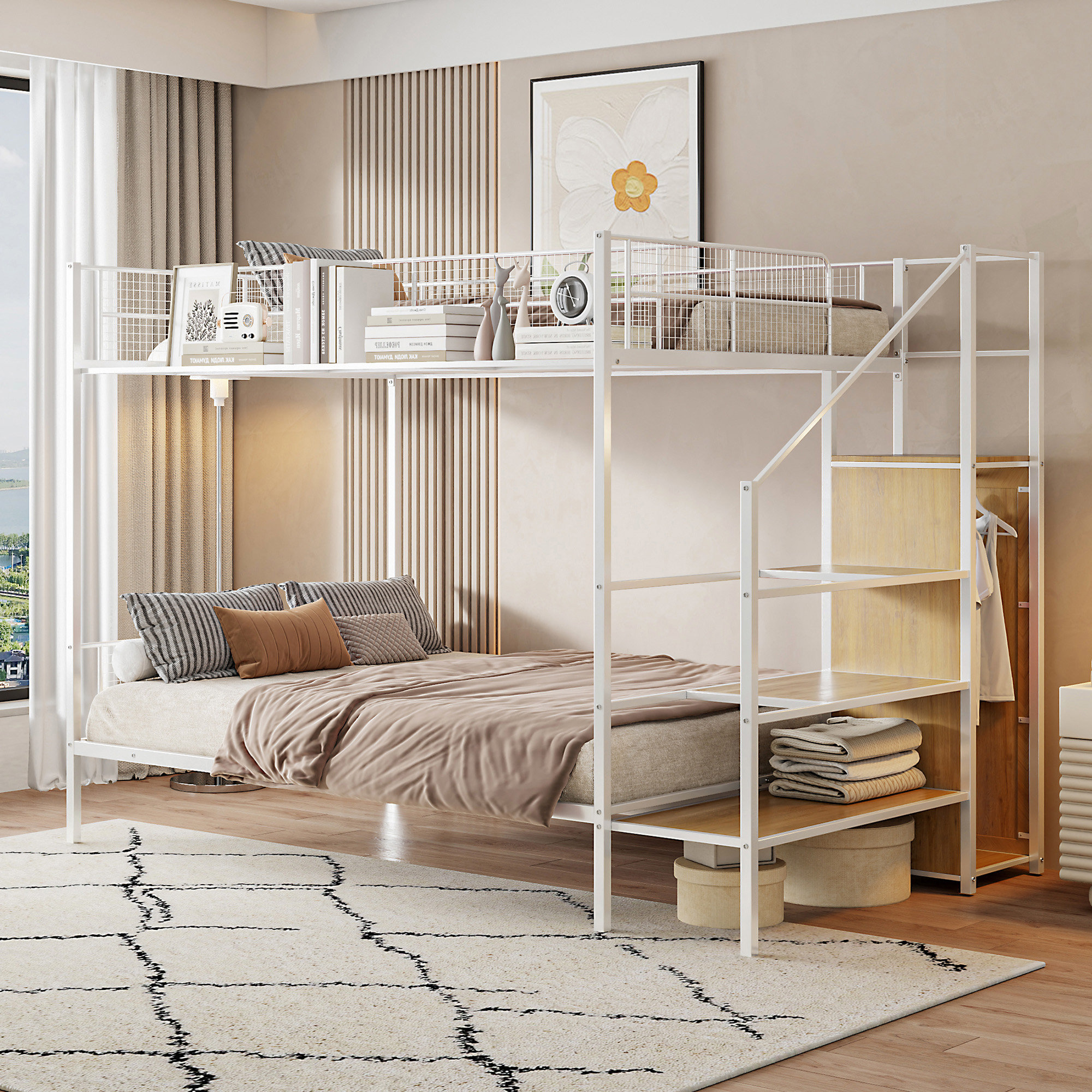17 Stories Twin Over Full Metal Bunk Bed With Wire Shelving And Lateral ...