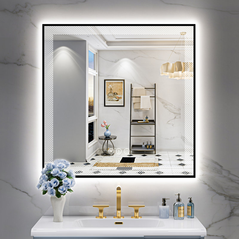 Black Framed LED Bathroom Mirror with Frontlit and Backlit, Lighted Vanity Mirror for Wall, Double Lighting 3 Colors Dimmable, Anti-Fog, Tempered Glass Shatter-Proof (Horizontal/Vertical)