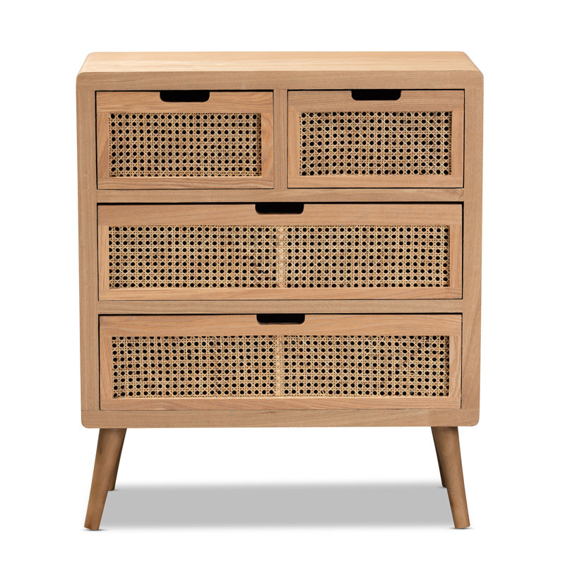 Alieen Mid-Century Modern Wood and Rattan 4-Drawer Accent Storage Cabinet