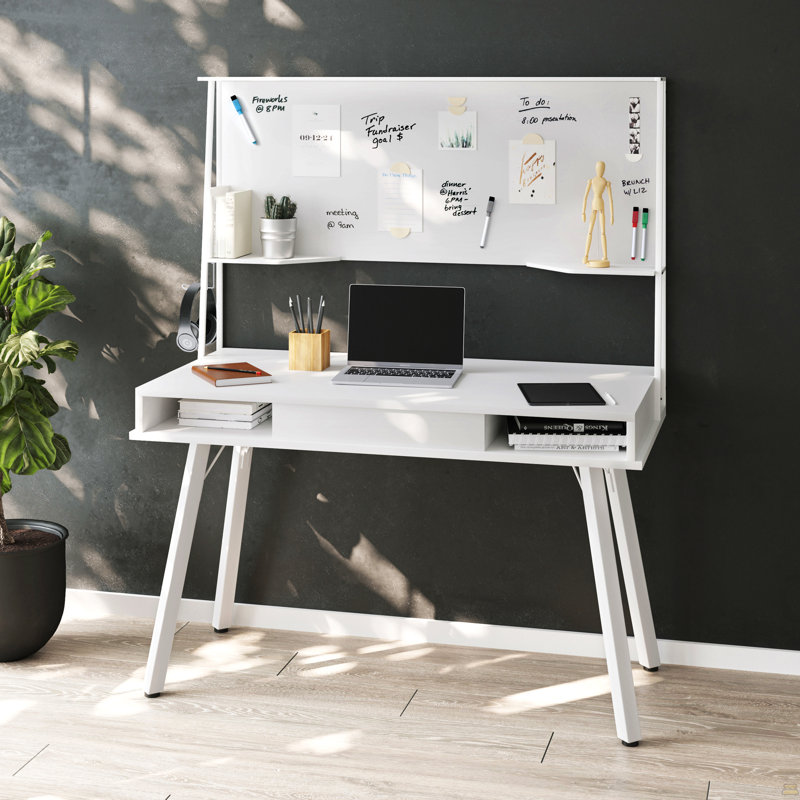 Bureau d'ordinateur Study avec rangement et tableau blanc magnétique effaçable à sec, blanc