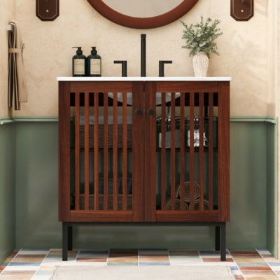 Meuble-lavabo de salle de bain rétro 30 po avec lavabo en céramique, meuble-lavabo moderne avec 2 portes à fermeture en douceur (conception de clôture) et grand espace de rangement, équipé de 4 pieds en fer robustes