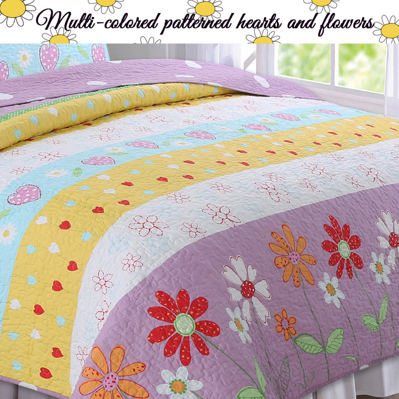 Floral Heart Print Reversible Cotton Twin Quilt Set