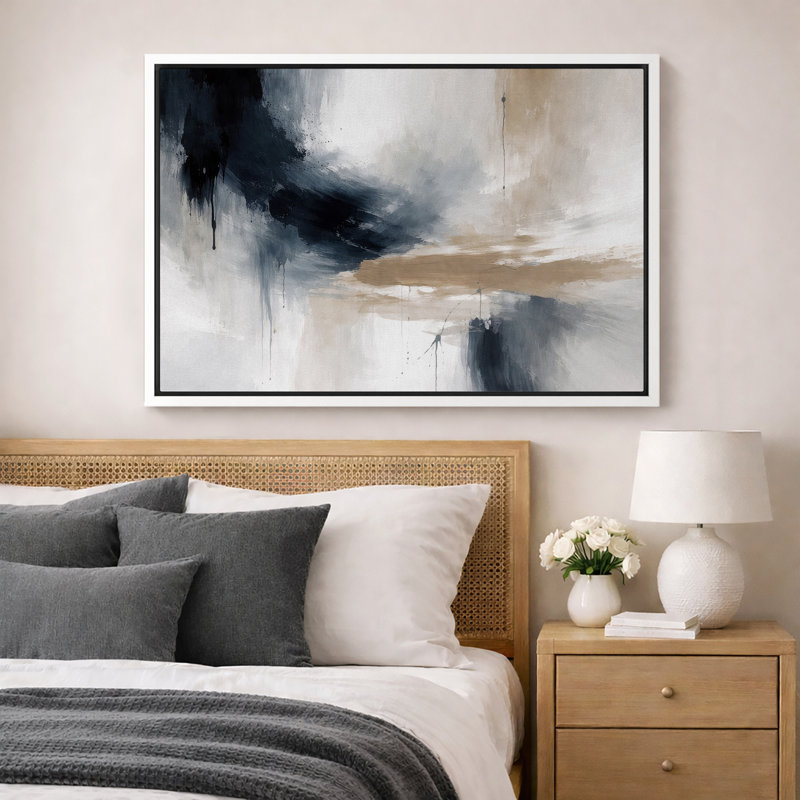 Abstrait bleu beige fluide, œuvre d'art moderne, images de salon moderne, impression sur toile encadrée, Cadre blanc
