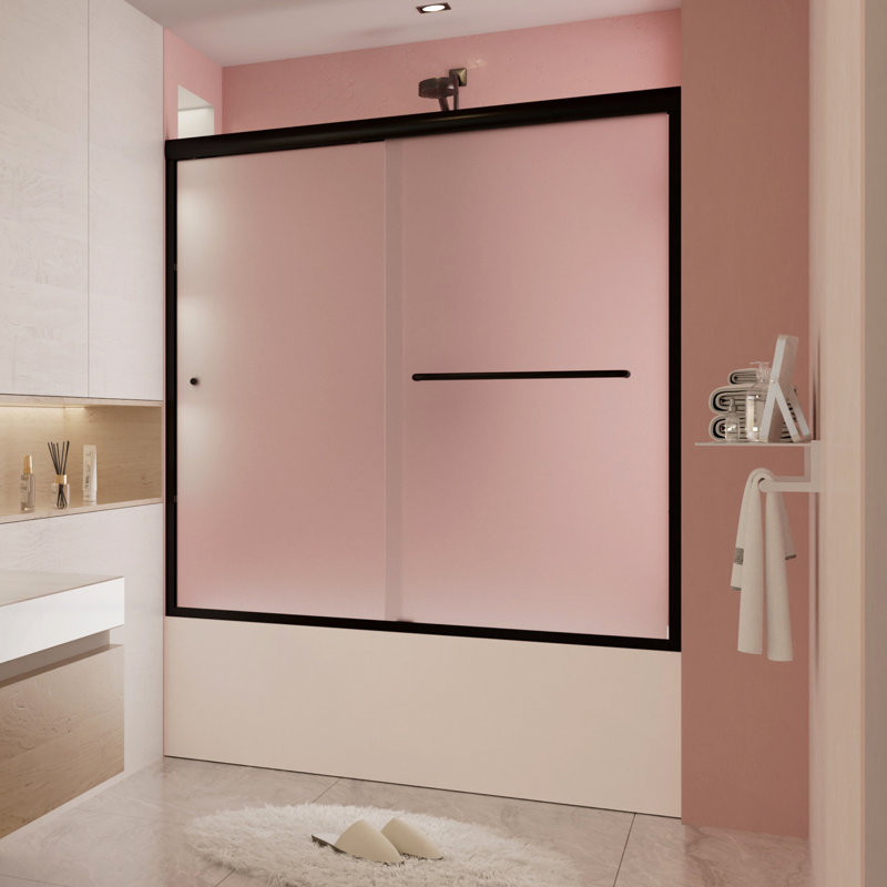 55" to 59" W 56" H Double Sliding Semi-Frameless Tub Door with Frosted Glass, Matte Black