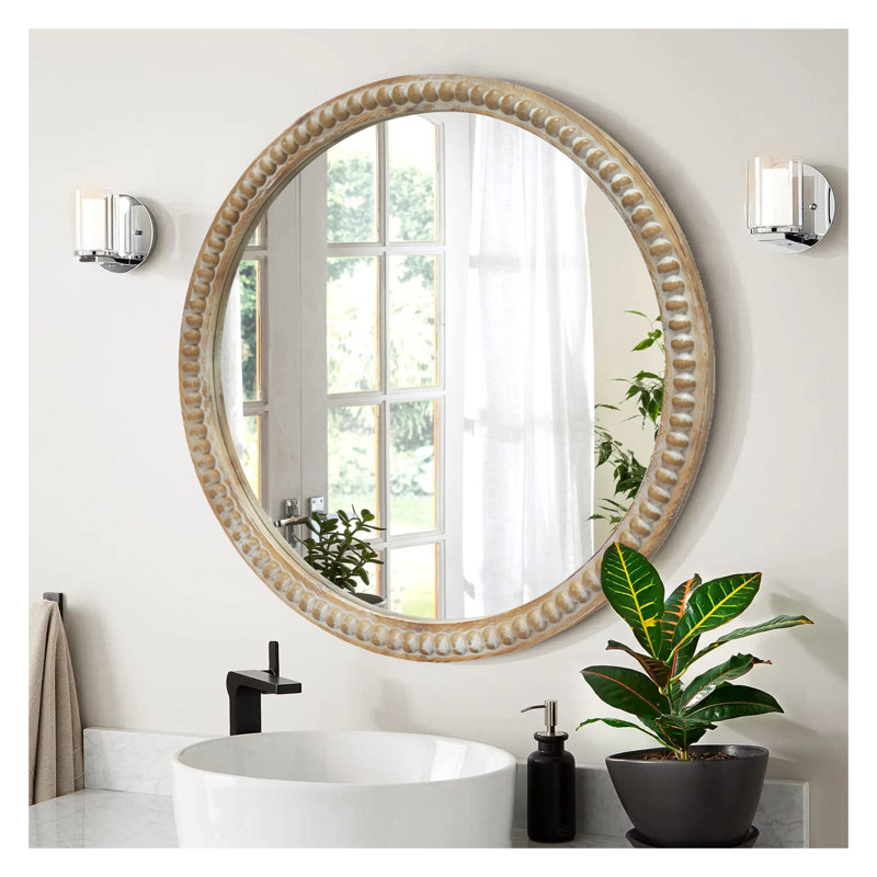 Miroir mural rond 27,5 po avec cadre perlé en bois vieilli, 27,56 po x 27,56 po