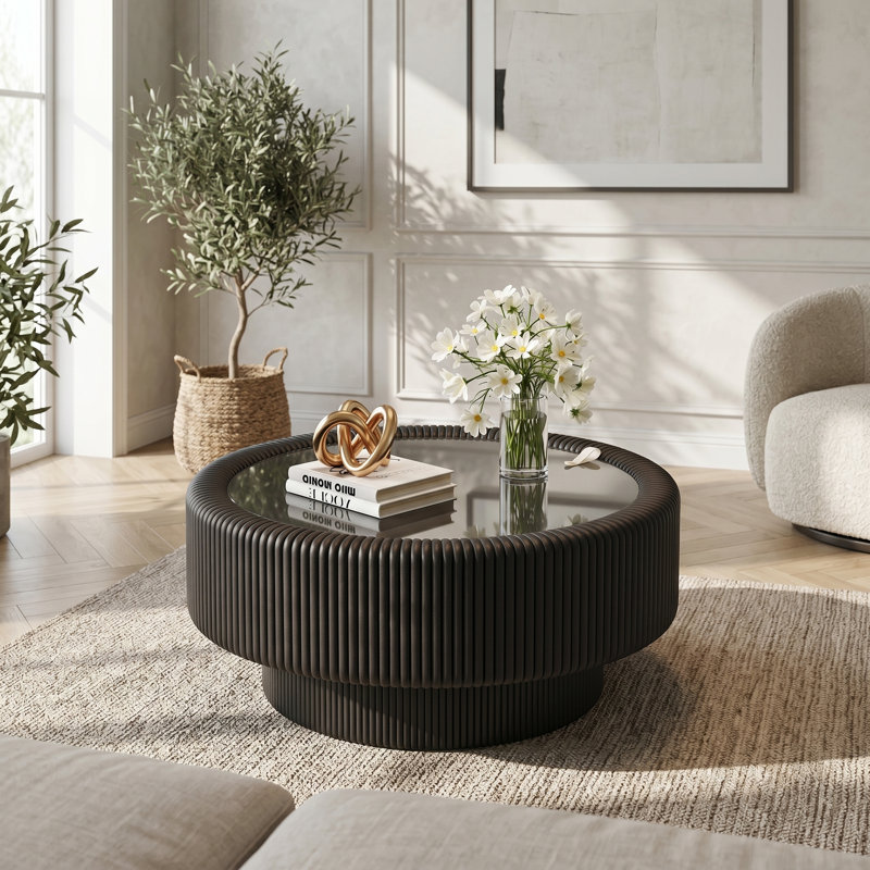 Table basse de rangement ronde cannelée de 31,5 pouces avec plateau en verre trempé et corps enveloppé de cuir de qualité supérieure, table centrale de salon à compartiment caché pour l'organisation du désordre, surface résistante aux égratignur