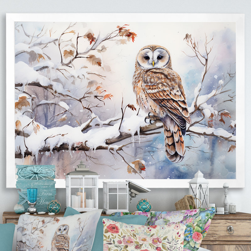«Winter Snowy Owl Charm Landscape - Snow», reproduction d'art sur toile, H 30 po x l 40 po x P 1,5 po, Cadre simple blanc